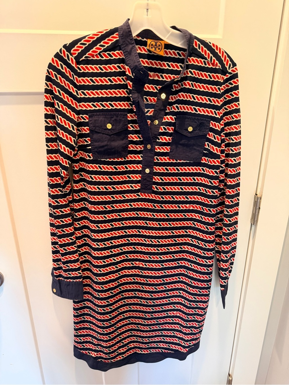 Tory Burch Nautical Rope Print Navy Red Cotton Tunic Dress Gold Buttons small